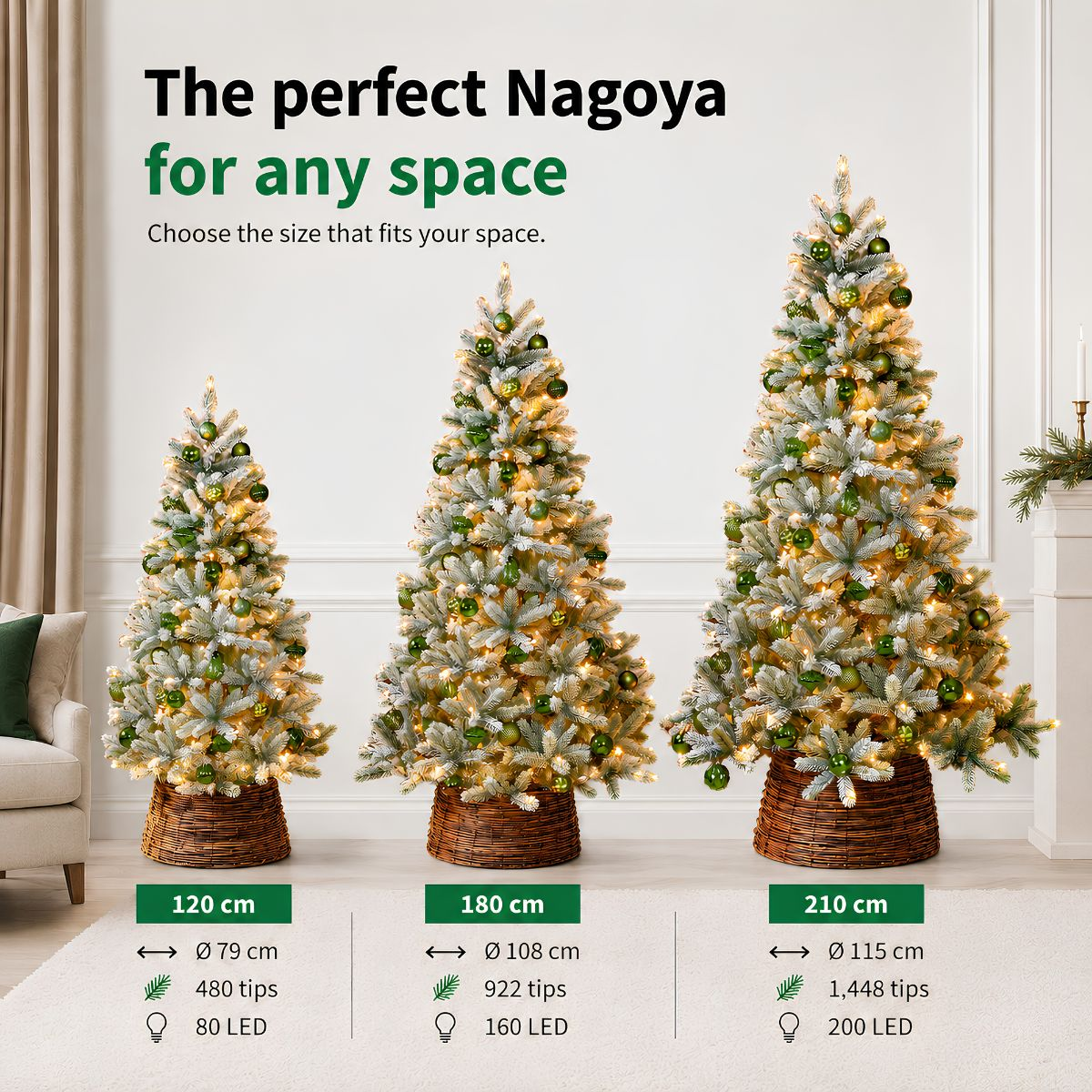 Three frosted Christmas trees in woven baskets of sizes 120cm, 180cm, and 210cm, with green ornaments and lights.