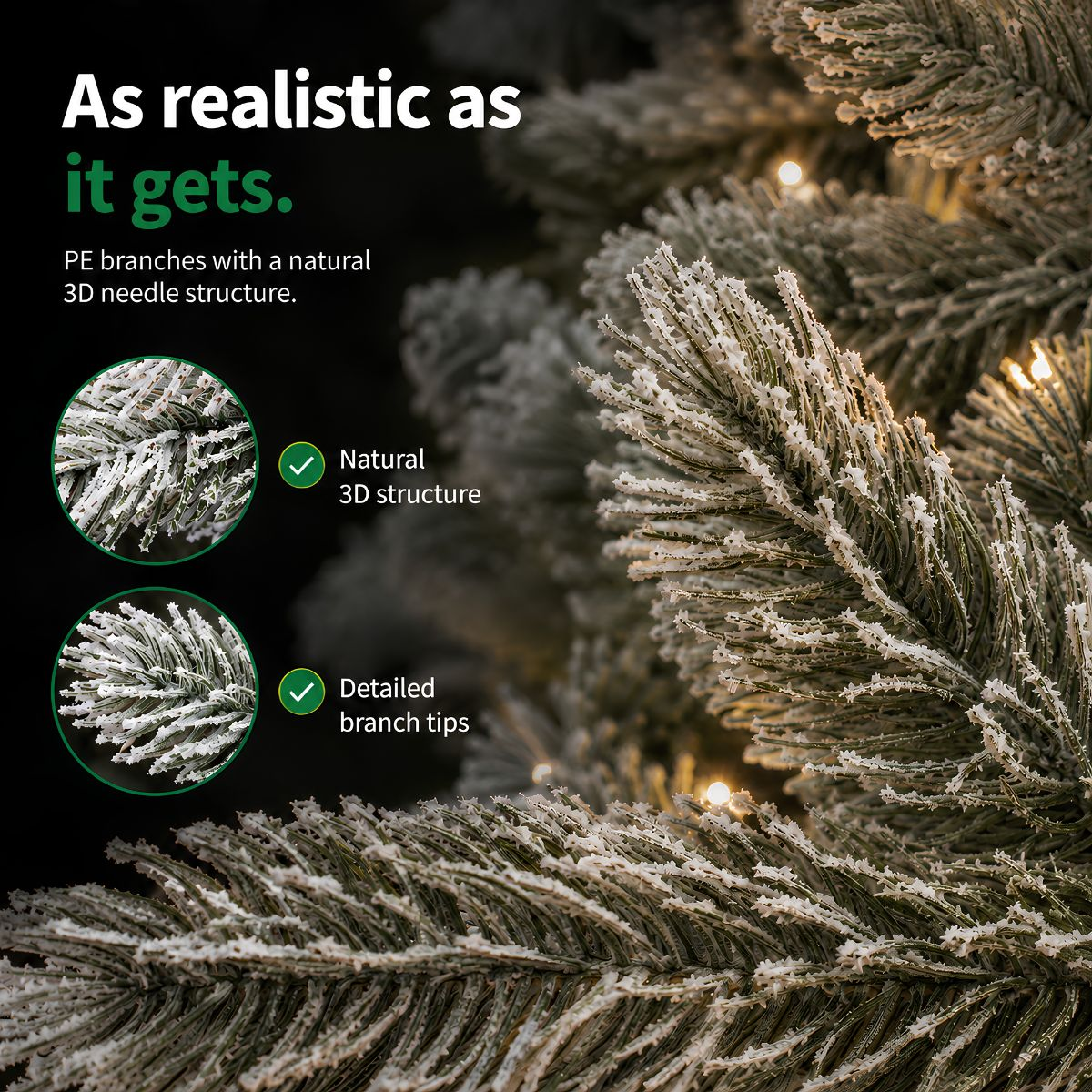 Snow-covered artificial pine tree branches with fine details and lights.