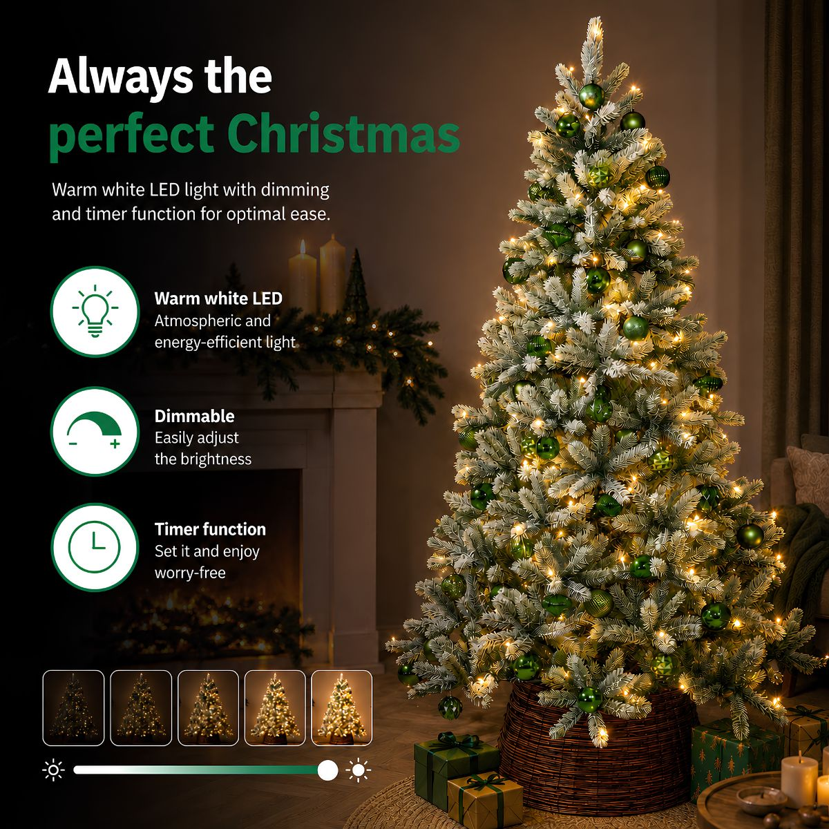 A decorated Christmas tree with green ornaments and warm lights stands in a living room next to a fireplace.