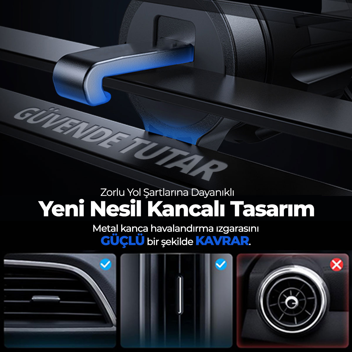 Havalandırma petekleri için güvenli metal kancalı tasarıma sahip araç telefonu tutucusu.