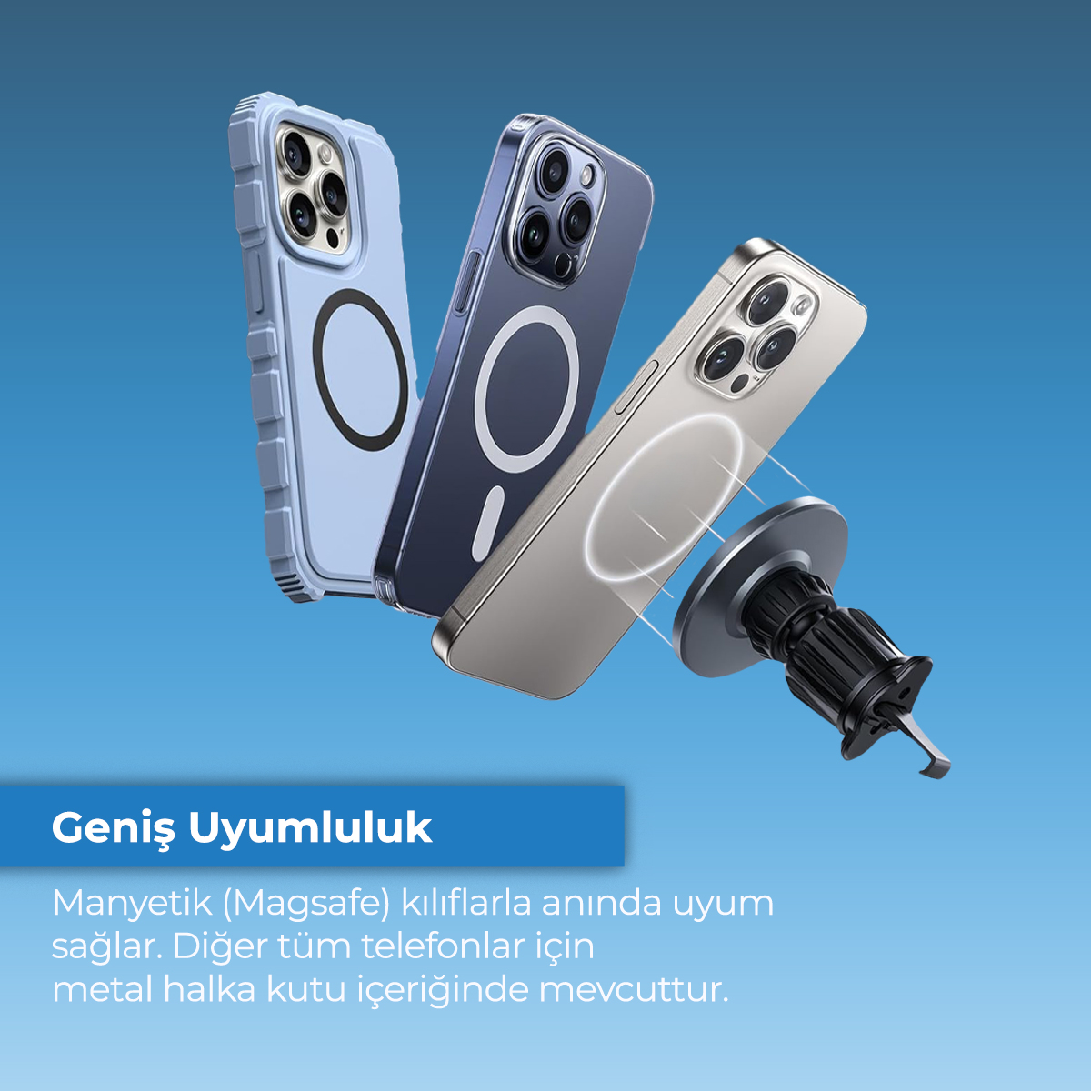 Mavi arka planda manyetik araç tutucusunun önünde kılıflı üç iPhone duruyor.
