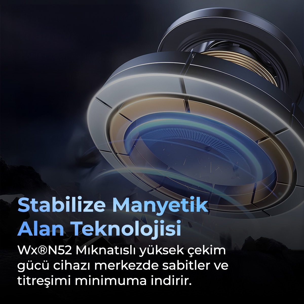 Manyetik alan teknolojisine sahip teknik bir cihaz, karanlık ve kayalık bir manzara üzerinde süzülüyor.