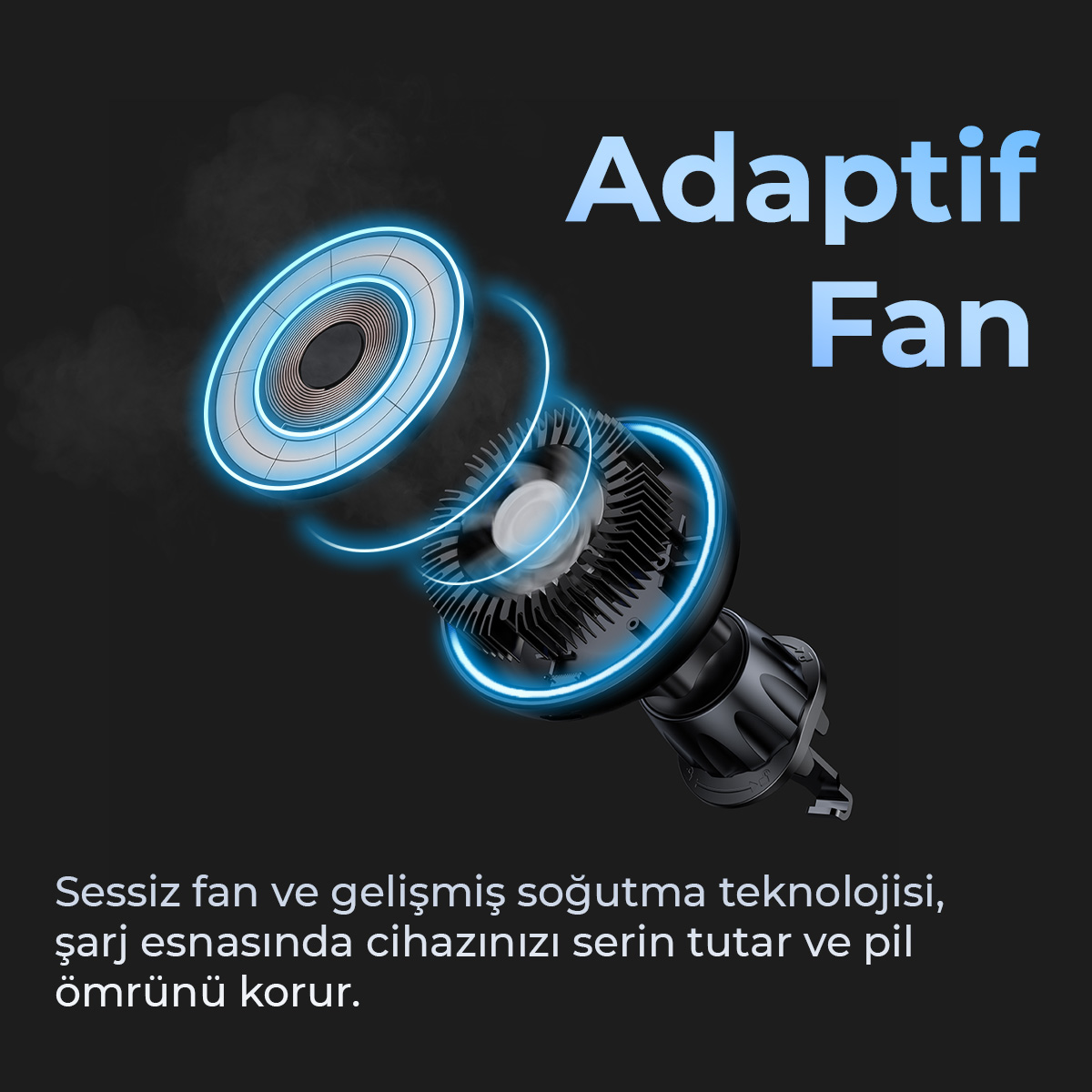 Koyu arka planda parlayan mavi halka ışığı ve fanı olan bir adaptörün patlatılmış görünümü.
