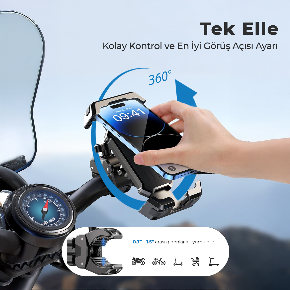 Bir el, 360 derece dönebilen siyah motosiklet gidon telefon tutucusuna akıllı telefon yerleştiriyor.
