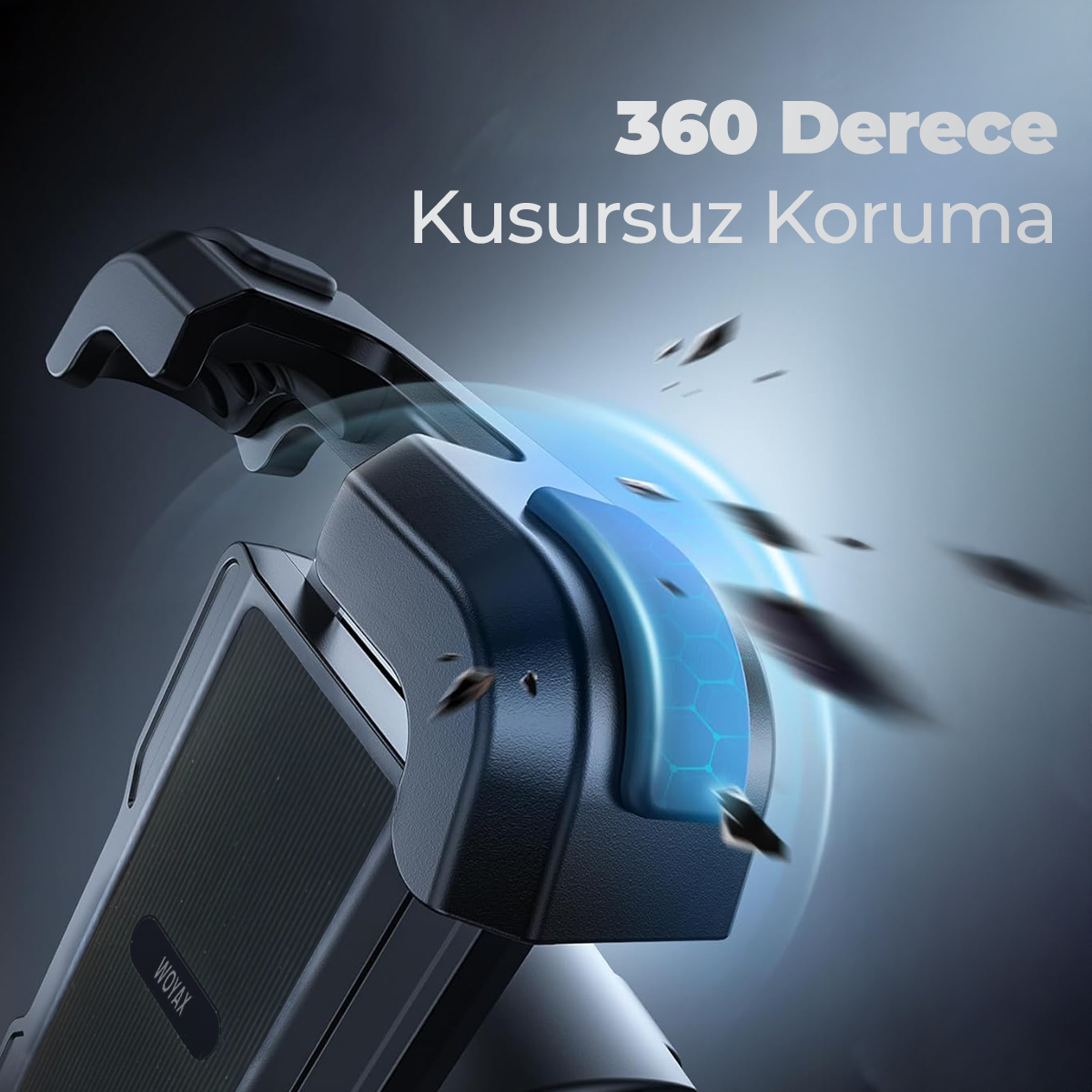 Koyu bir arka planda mavi detaylar ve uçuşan parçalar bulunan siyah telefon tutucusu.