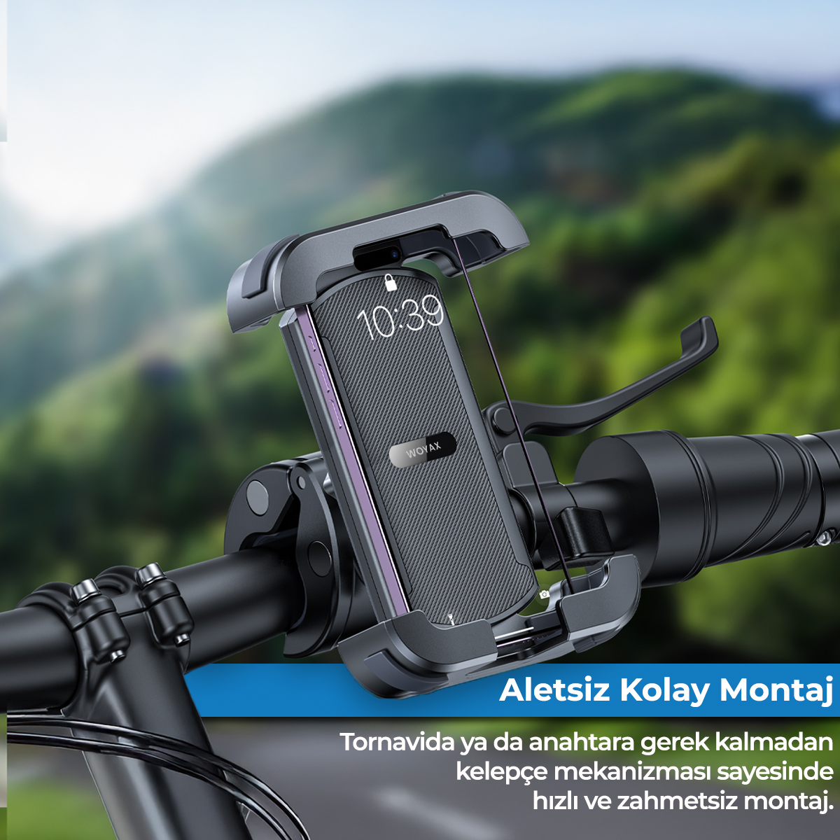 Arka planda bulanık yeşil tepelerle birlikte bisiklet gidonuna monte edilmiş bir akıllı telefon.