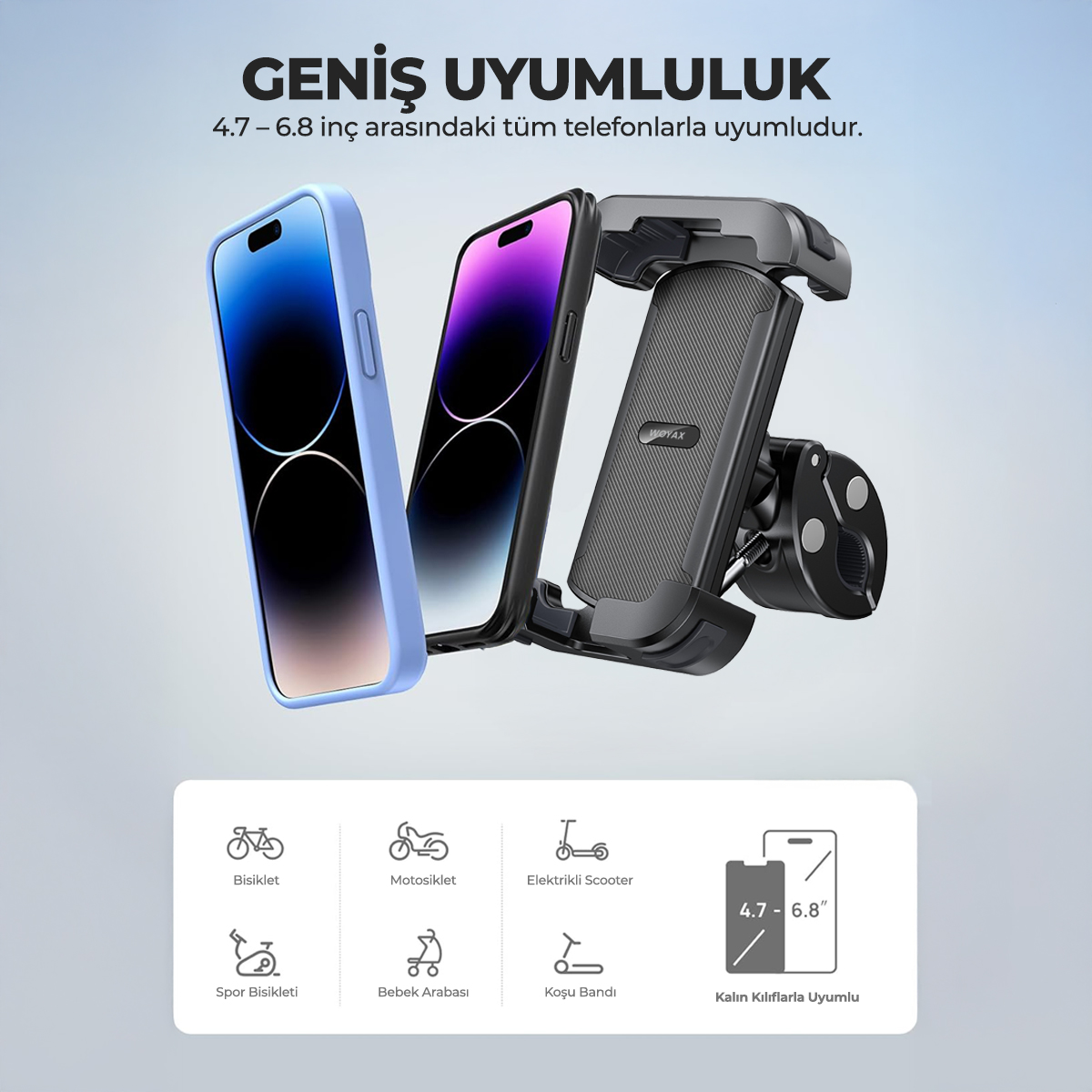 İki akıllı telefon ve siyah ayarlanabilir bisiklet telefon tutucu, gri arka planda uyumluluk simgeleriyle.