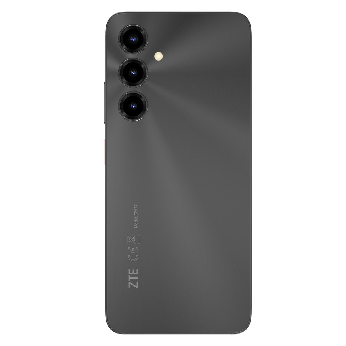 Parte trasera de un smartphone ZTE oscuro con tres lentes de cámara alineadas verticalmente y flash.