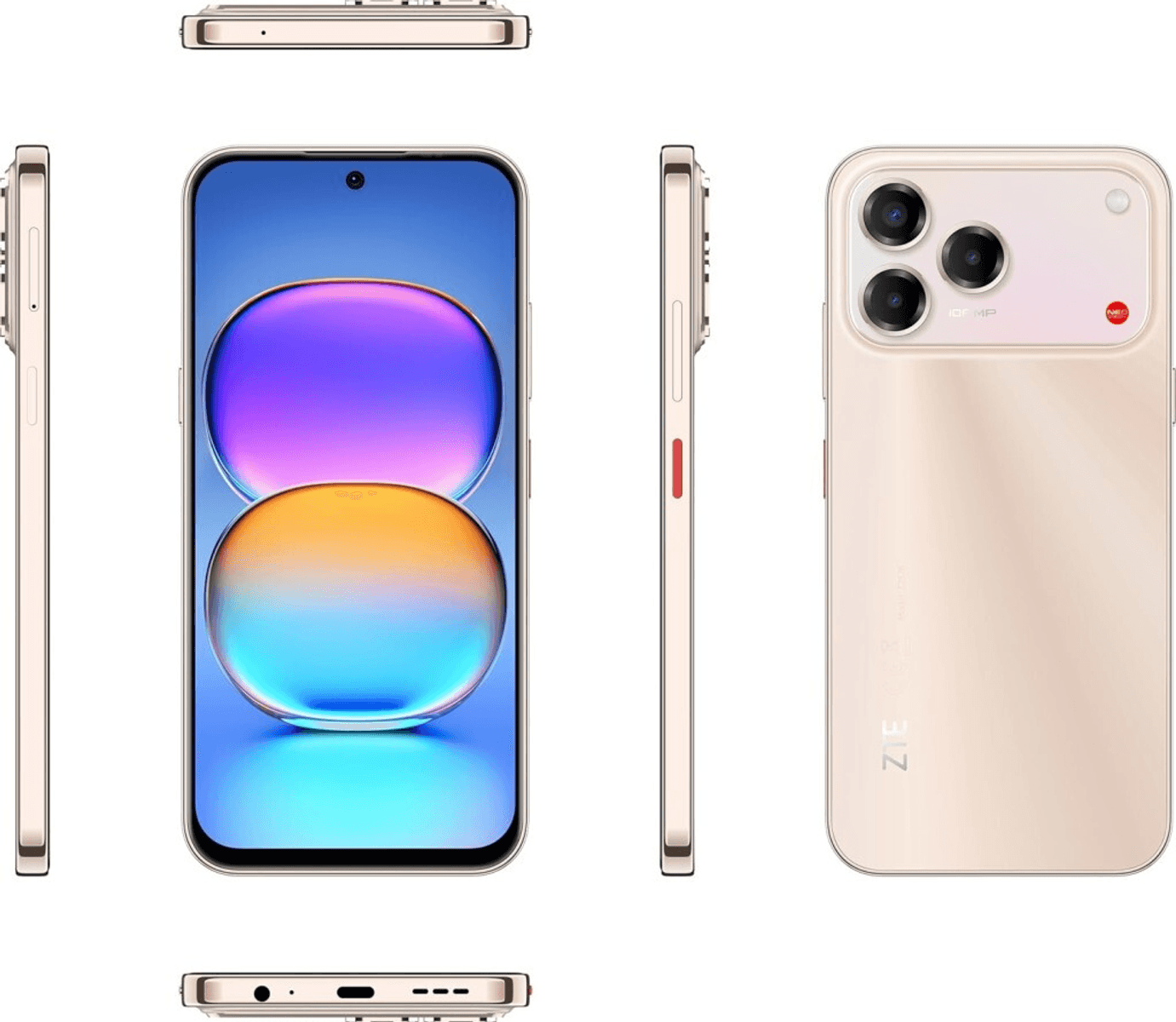 Smartphone dorado visto desde el frente, la parte trasera y los cuatro lados.