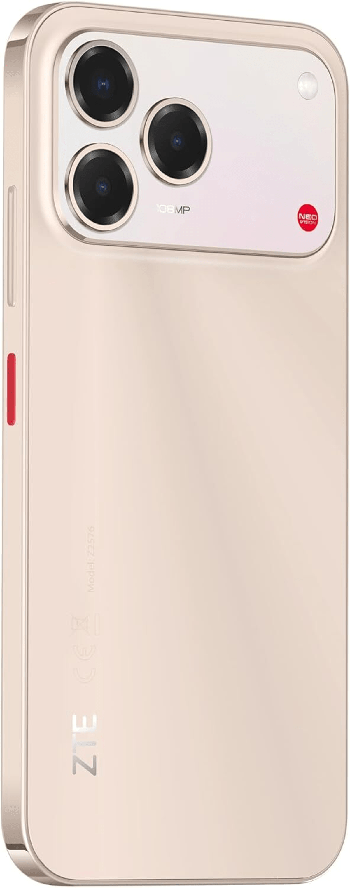 Parte trasera de un smartphone beige con tres cámaras, flash y un botón de encendido rojo.