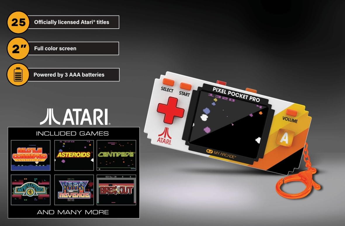 Mini-Atari-Handheld in Weiß und Orange mit Farbdisplay und Spieleliste.