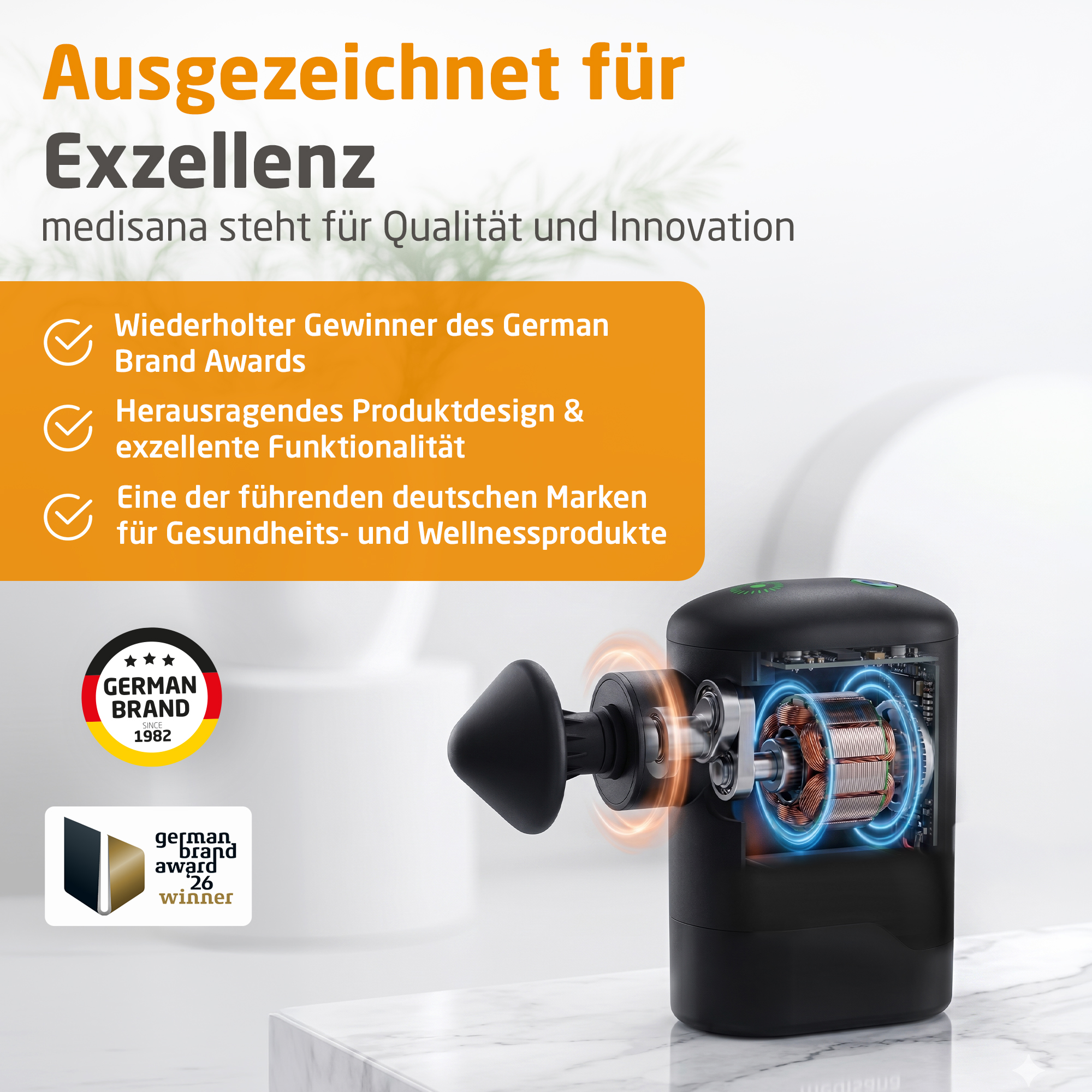 Medisana Massagepistole mit sichtbarem Motor und Auszeichnungen auf weißem Hintergrund.