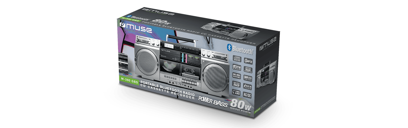 Verpackung eines tragbaren Muse Bluetooth-Radios mit CD und Kassette.