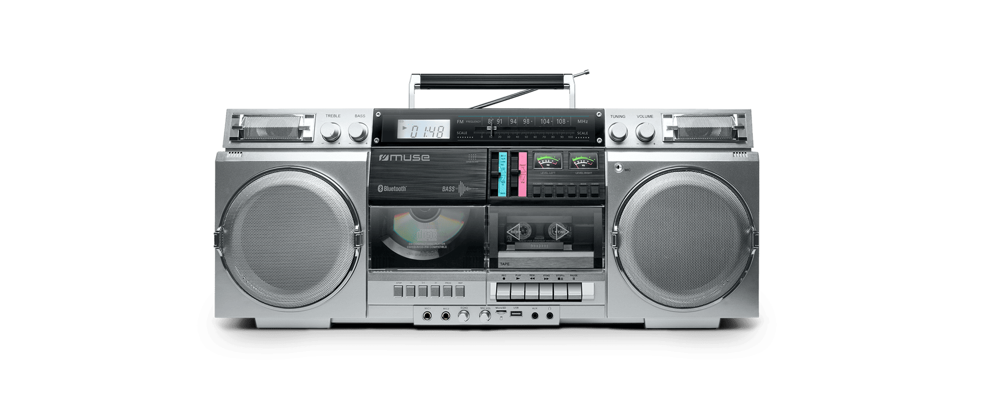 Ein silberner Retro-Ghettoblaster mit zwei großen Lautsprechern, Kassettendeck und CD-Player auf schwarzem Hintergrund.