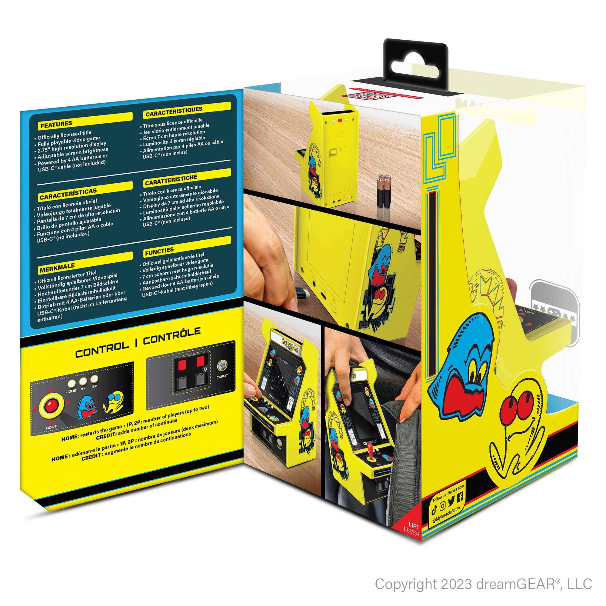 Confezione di mini arcade Pac-Man gialla con foto del prodotto, caratteristiche e controlli.