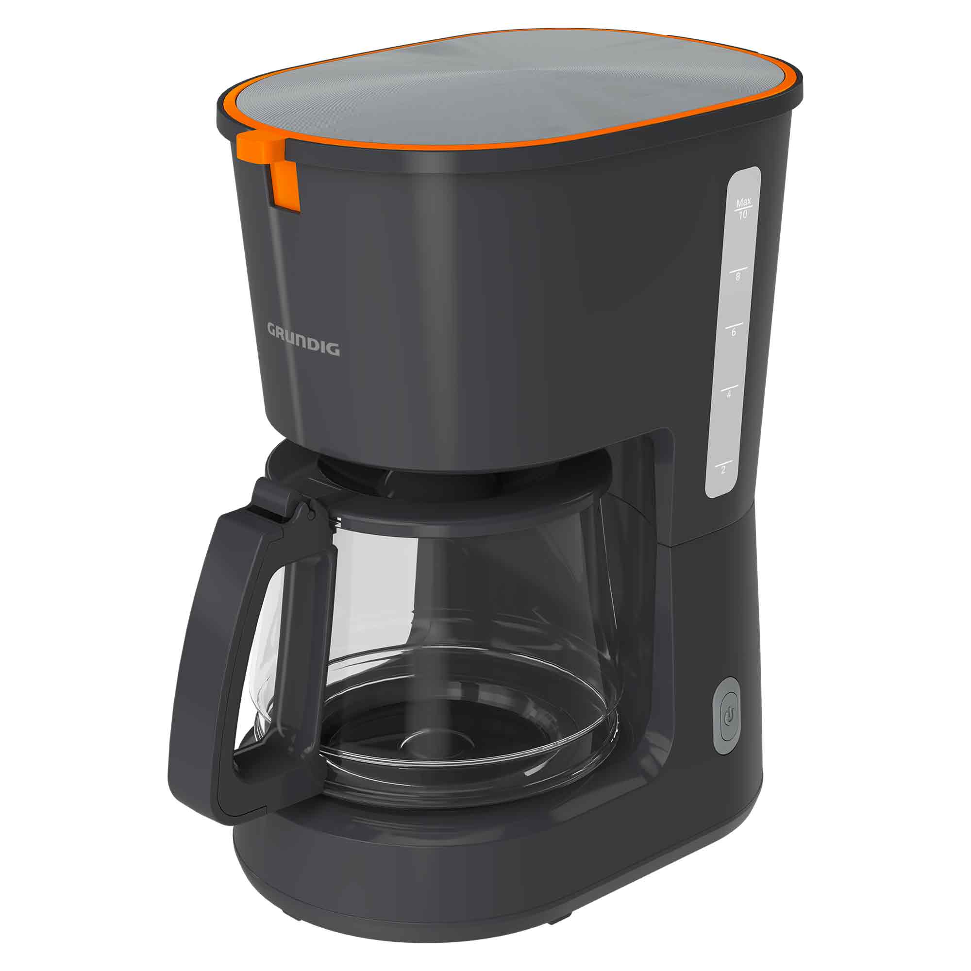 Eine moderne, dunkelgraue Filterkaffeemaschine mit orangefarbenem Akzent, Glaskanne und Wasserstandsanzeige vor weißem Hintergrund.