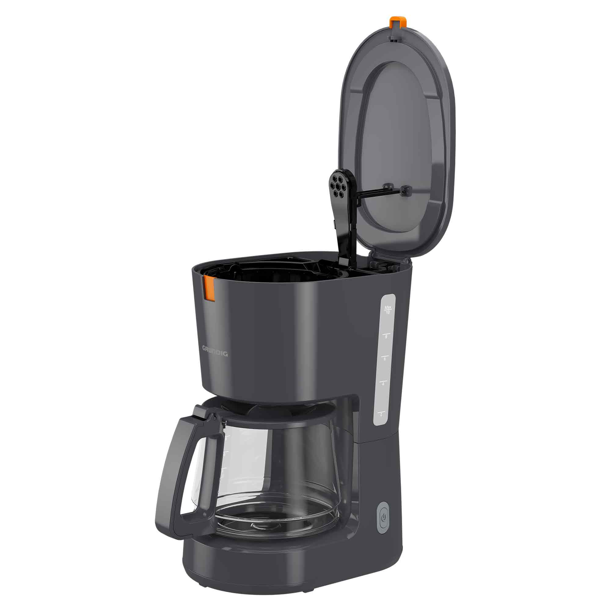 Eine graue Filterkaffeemaschine mit offener Abdeckung, Glaskanne und Grundig-Logo auf weißem Hintergrund.