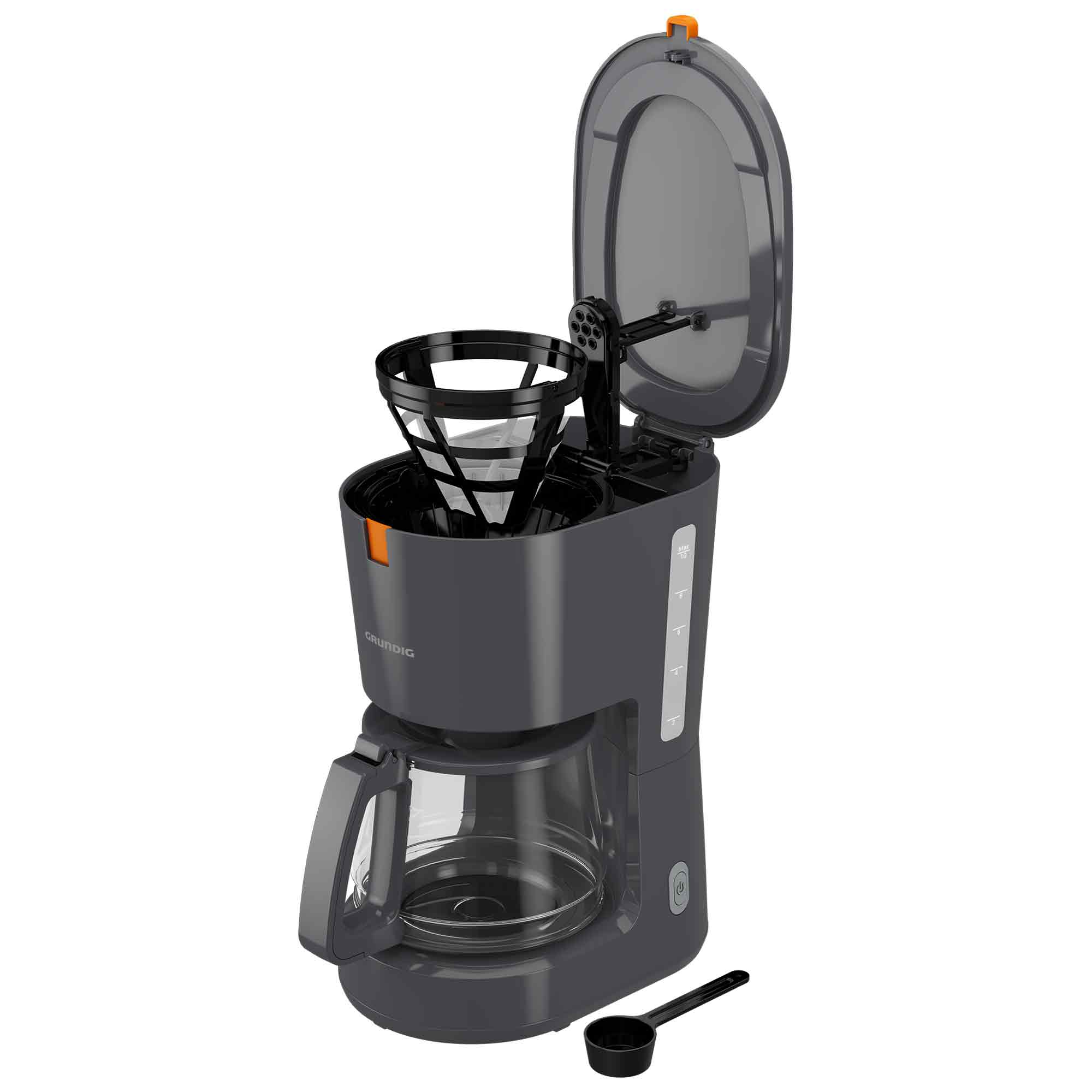 Graue Grundig Filterkaffeemaschine mit geöffnetem Wassertankdeckel, Glaskanne und Kaffeelöffel.