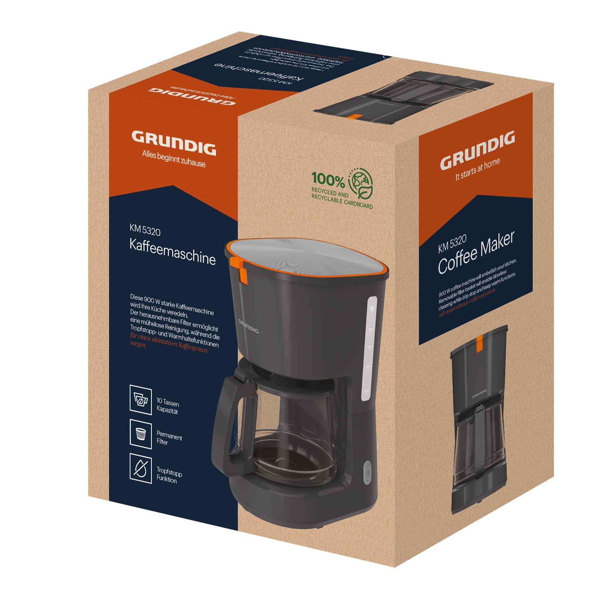 Eine graue Grundig Kaffeemaschine mit Glaskanne steht in der Mitte vor ihrer bedruckten Produktverpackung.