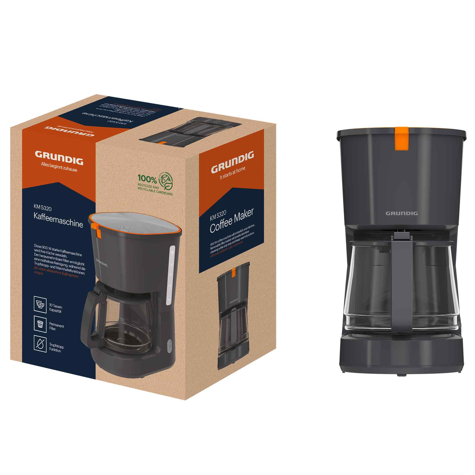 Eine schwarz-orange Grundig Kaffeemaschine neben ihrer bedruckten Produktverpackung.