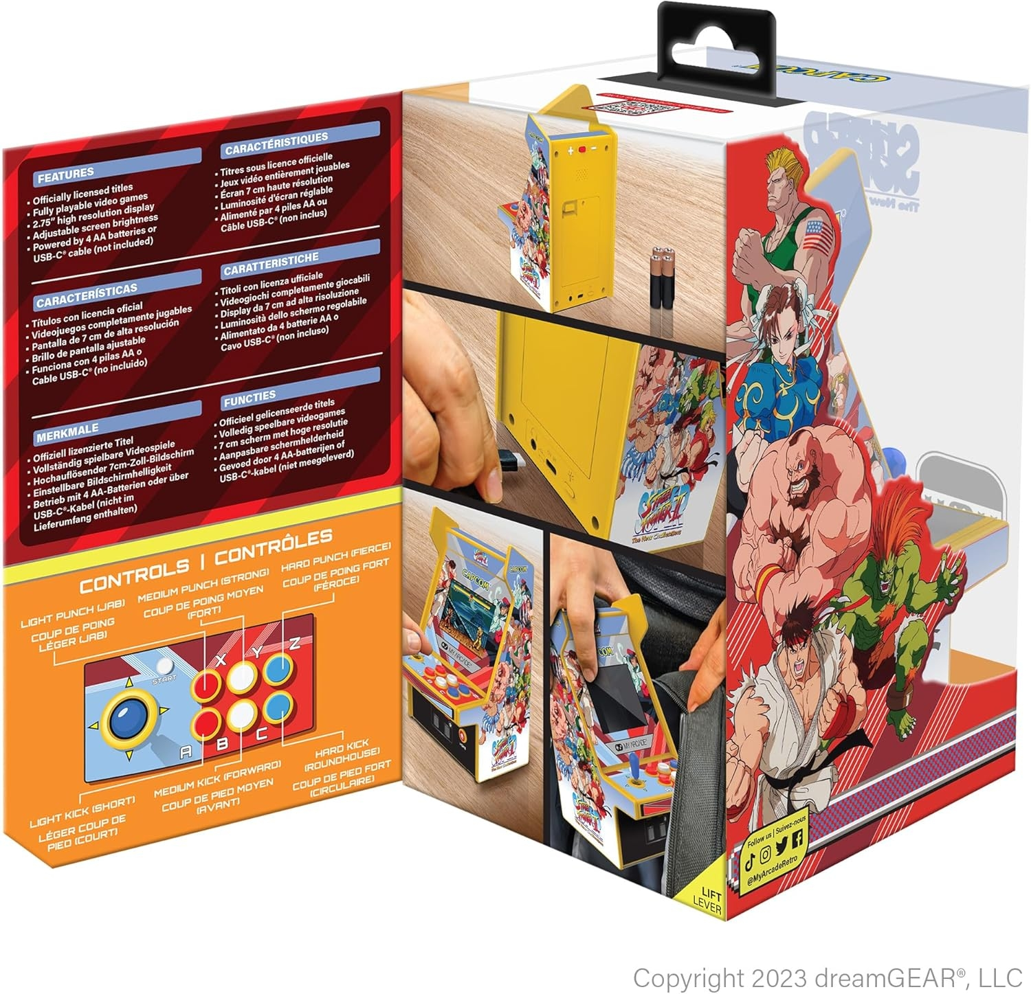 Verpackung für einen Mini-Street-Fighter-Spielautomaten mit Funktionen, Steuerung und Bildern.