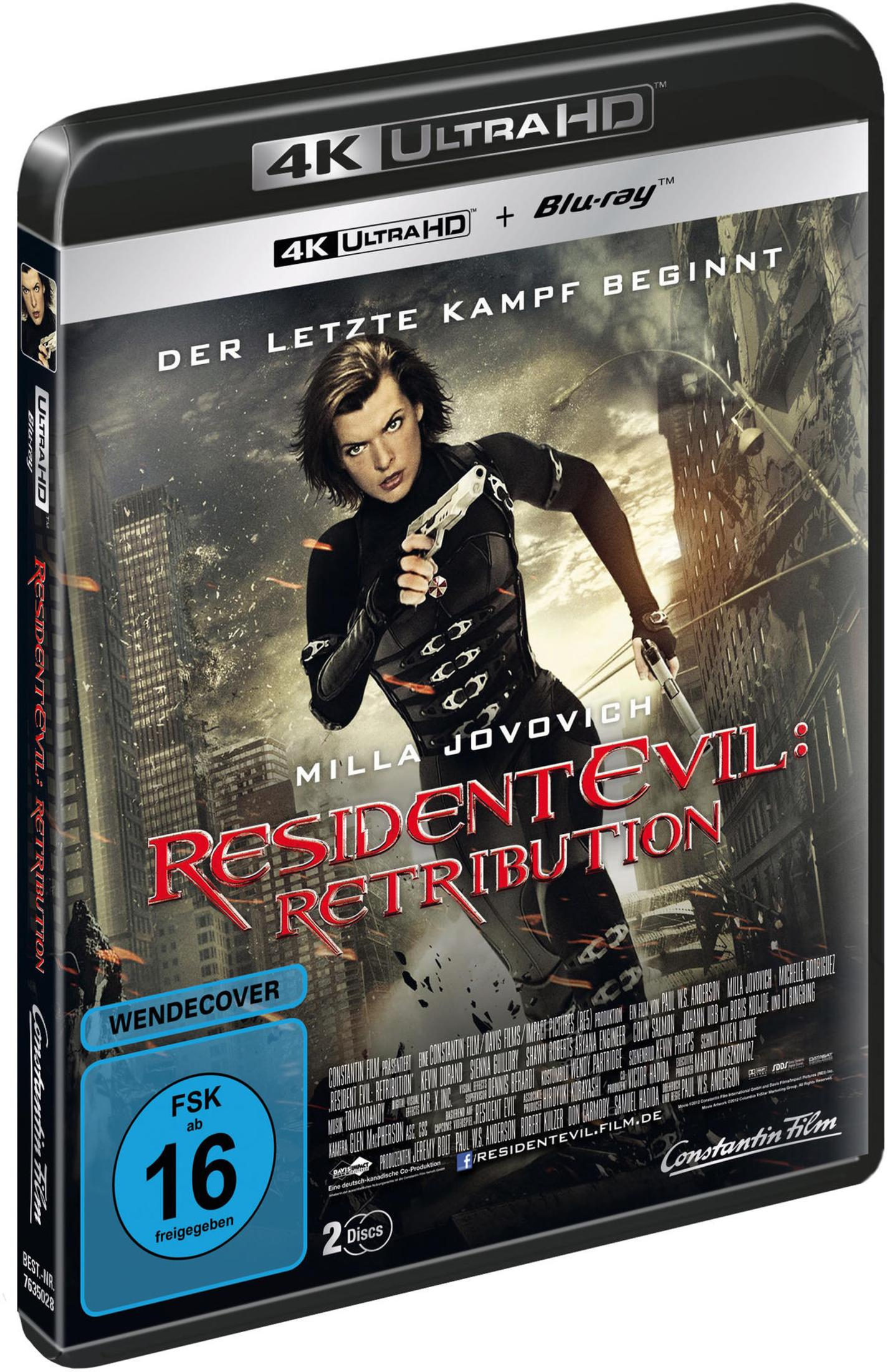 Resident Evil: Retribution 4K Ultra HD Blu-ray Hülle mit Milla Jovovich in Aktion vor zerstörter Stadt.