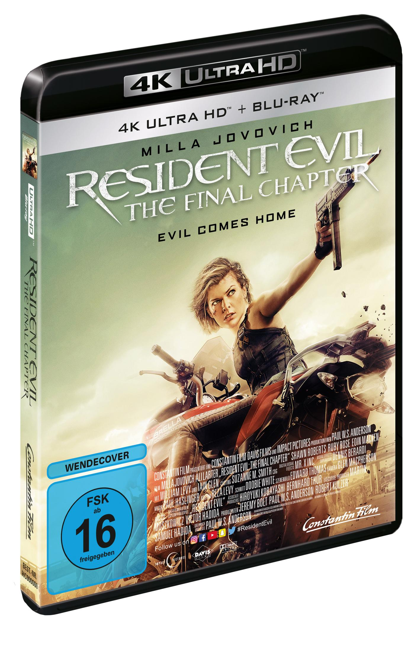 Resident Evil The Final Chapter 4K Ultra HD Blu-ray Hülle mit Milla Jovovich auf einem Motorrad.