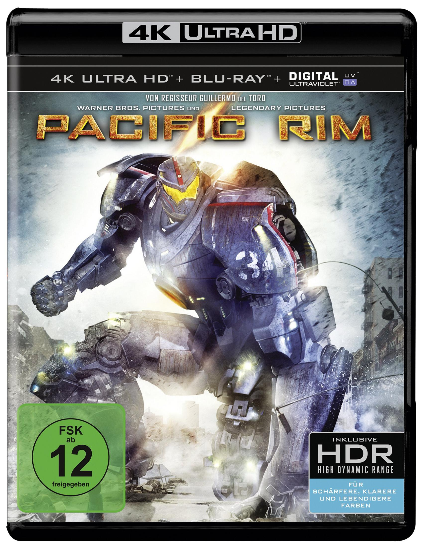 Blu-ray-Hülle von Pacific Rim mit einem großen blauen Roboter im Vordergrund vor einer zerstörten Stadt.