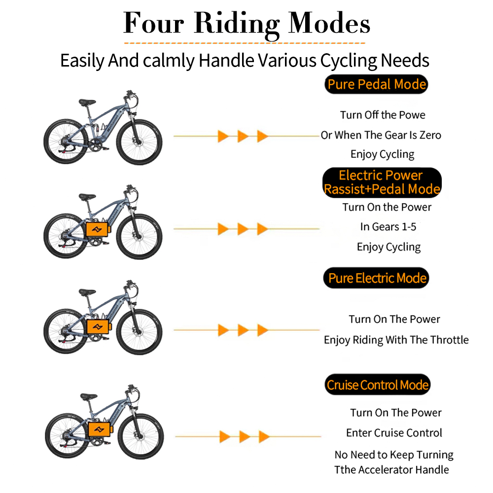 Infografica che mostra quattro modalità di guida di una bicicletta elettrica: pedalata pura, assistenza, elettrica e cruise.