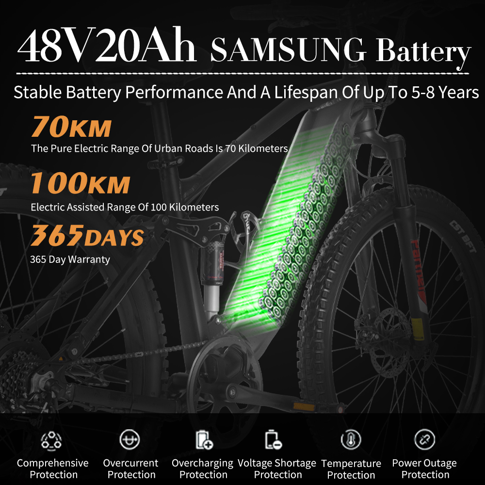 Una e-mountain bike che evidenzia la batteria Samsung da 48V 20Ah, specifiche e protezioni.