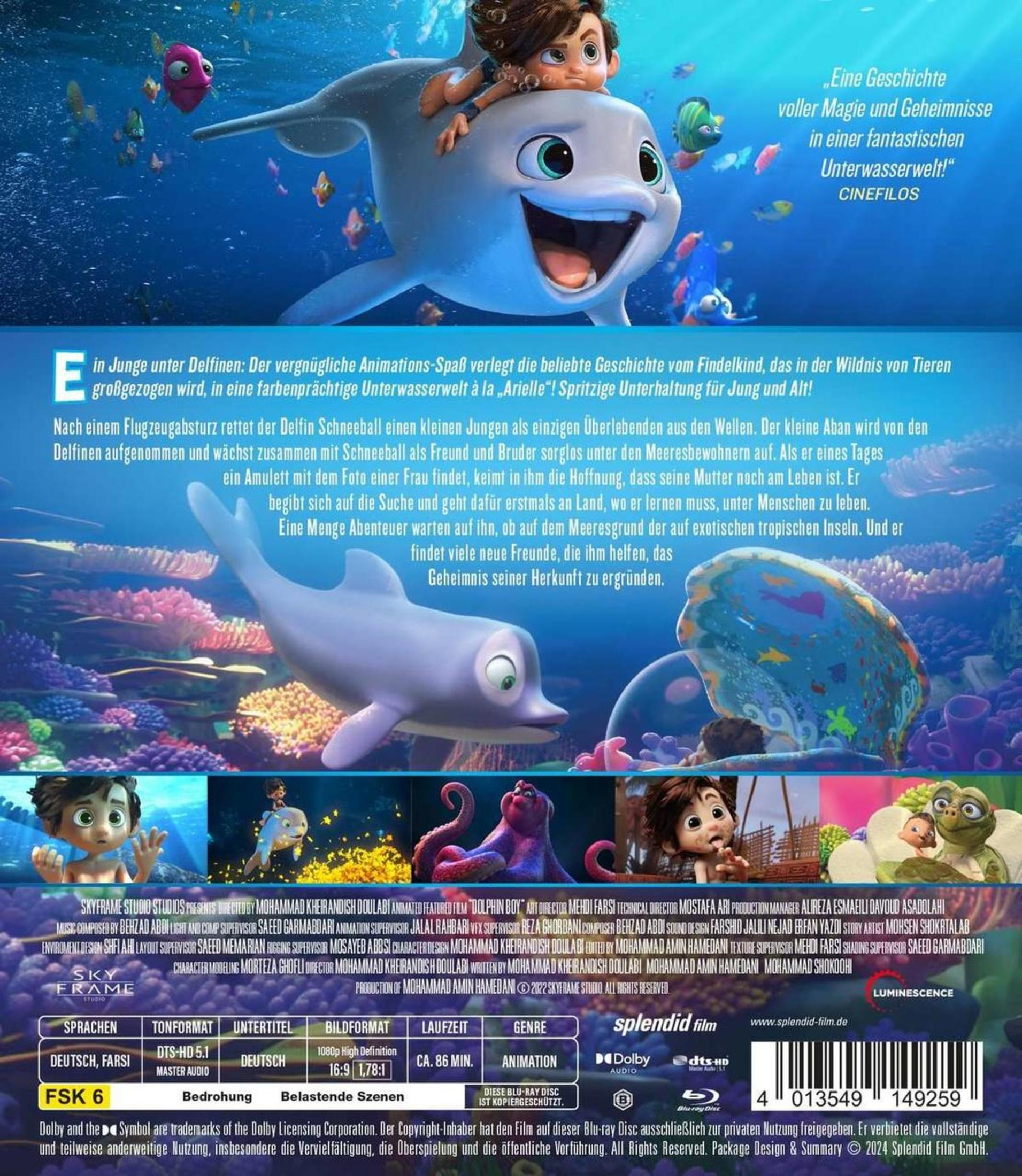 DVD-Hülle des Animationsfilms Dolphin Boy mit Charakteren unter Wasser und Text auf der Rückseite.