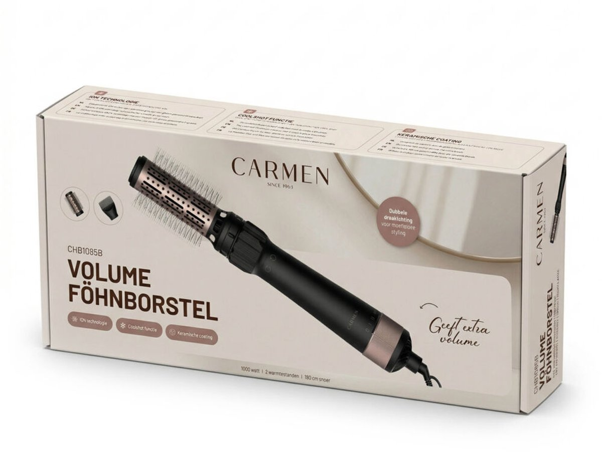 Confezione di un'unità lisciante volumizzante nera Carmen con dettagli tecnici e design beige e marrone.