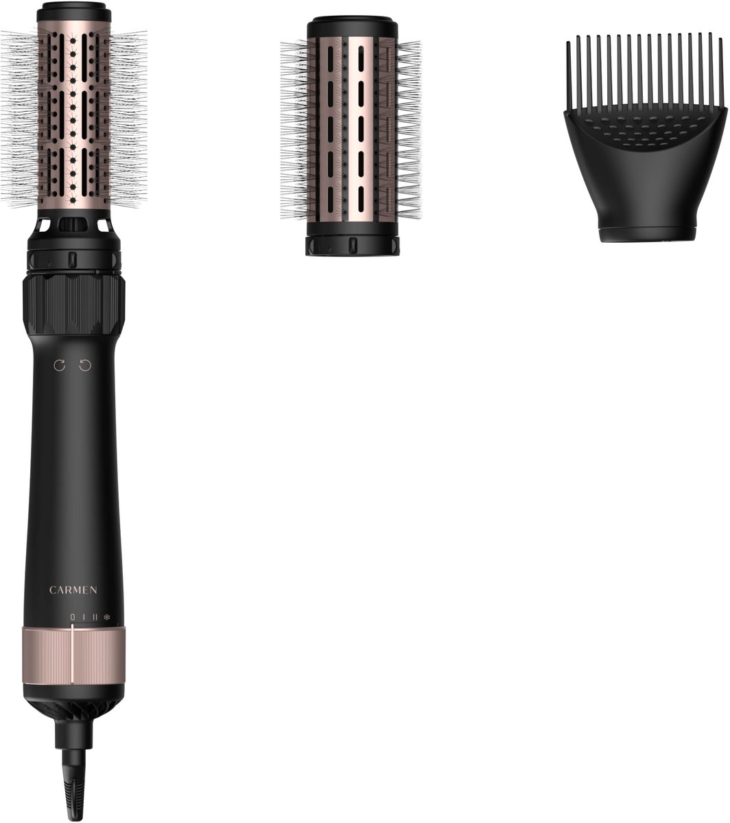 Styler ad aria calda nero Carmen con dettagli in oro rosa e due accessori intercambiabili.