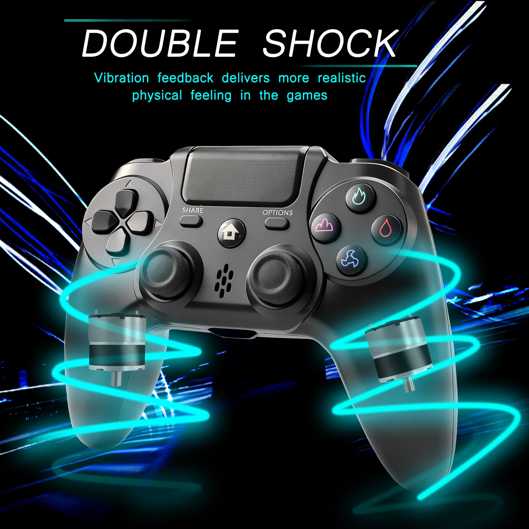 Schwarzer Controller mit blauen Lichteffekten und Text Double Shock auf schwarzem Hintergrund.