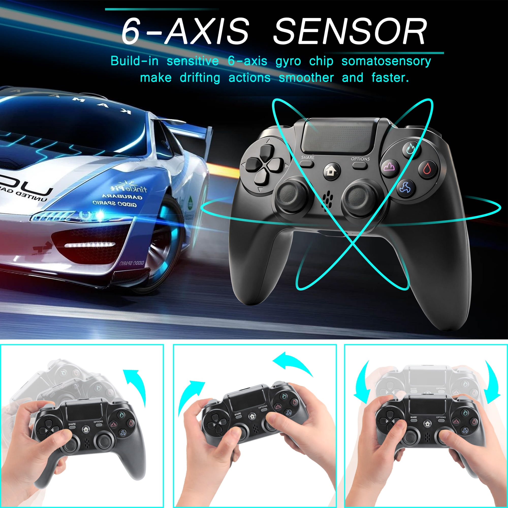 Ein schwarzer Controller mit 6-Achsen-Sensor, neben einem Rennauto und Demobildern.