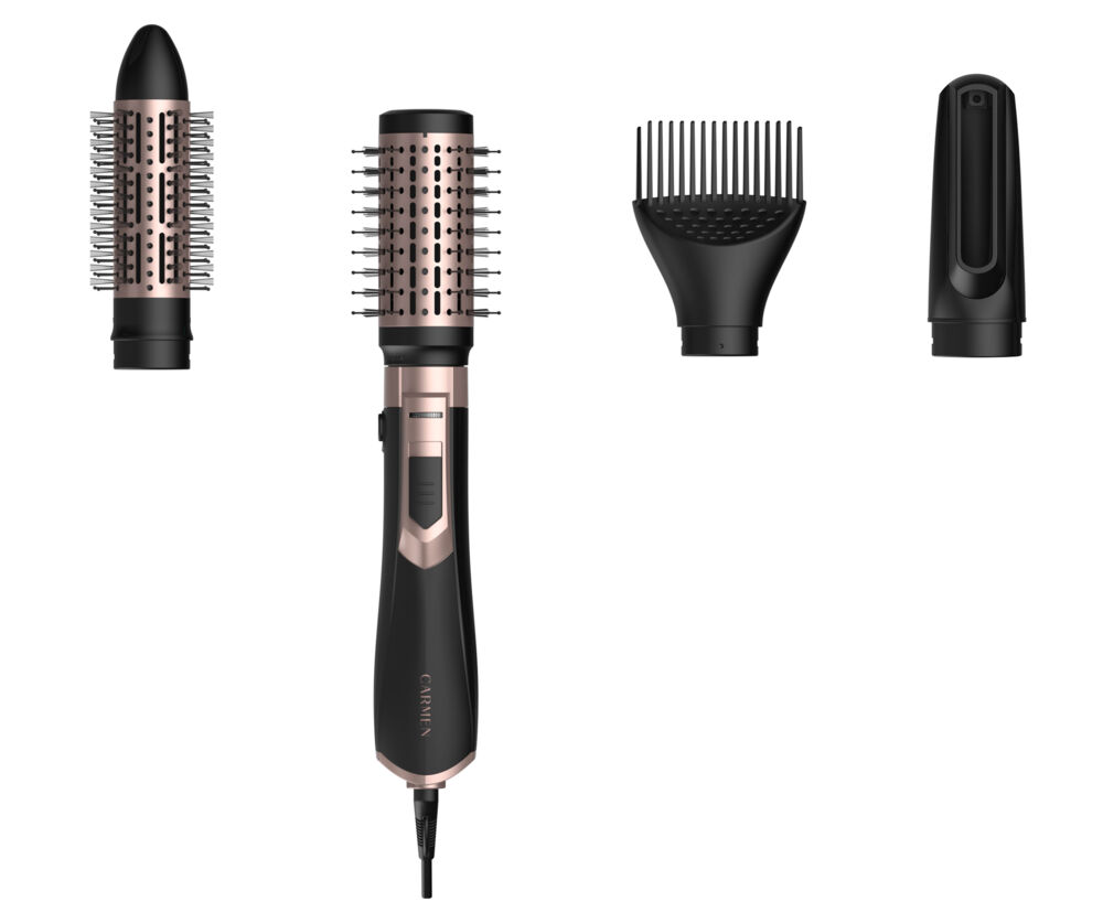 Uno strumento per lo styling nero con dettagli in oro rosa e tre accessori intercambiabili su sfondo bianco.