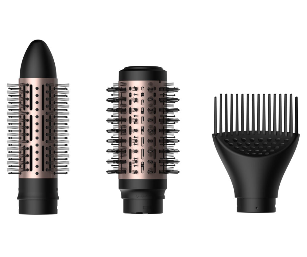 Tre diversi accessori per lo styling dei capelli in nero e oro rosa su sfondo bianco.