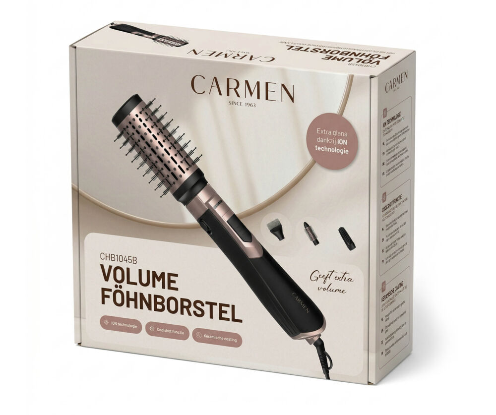 Scatola per spazzola ad aria calda Carmen con immagine del prodotto, marchio e testo su sfondo bianco.