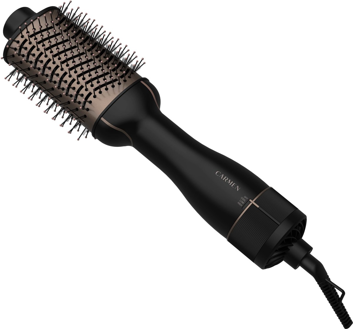 Una spazzola per capelli ad aria calda Carmen nera e oro rosa con cavo collegato su sfondo bianco.