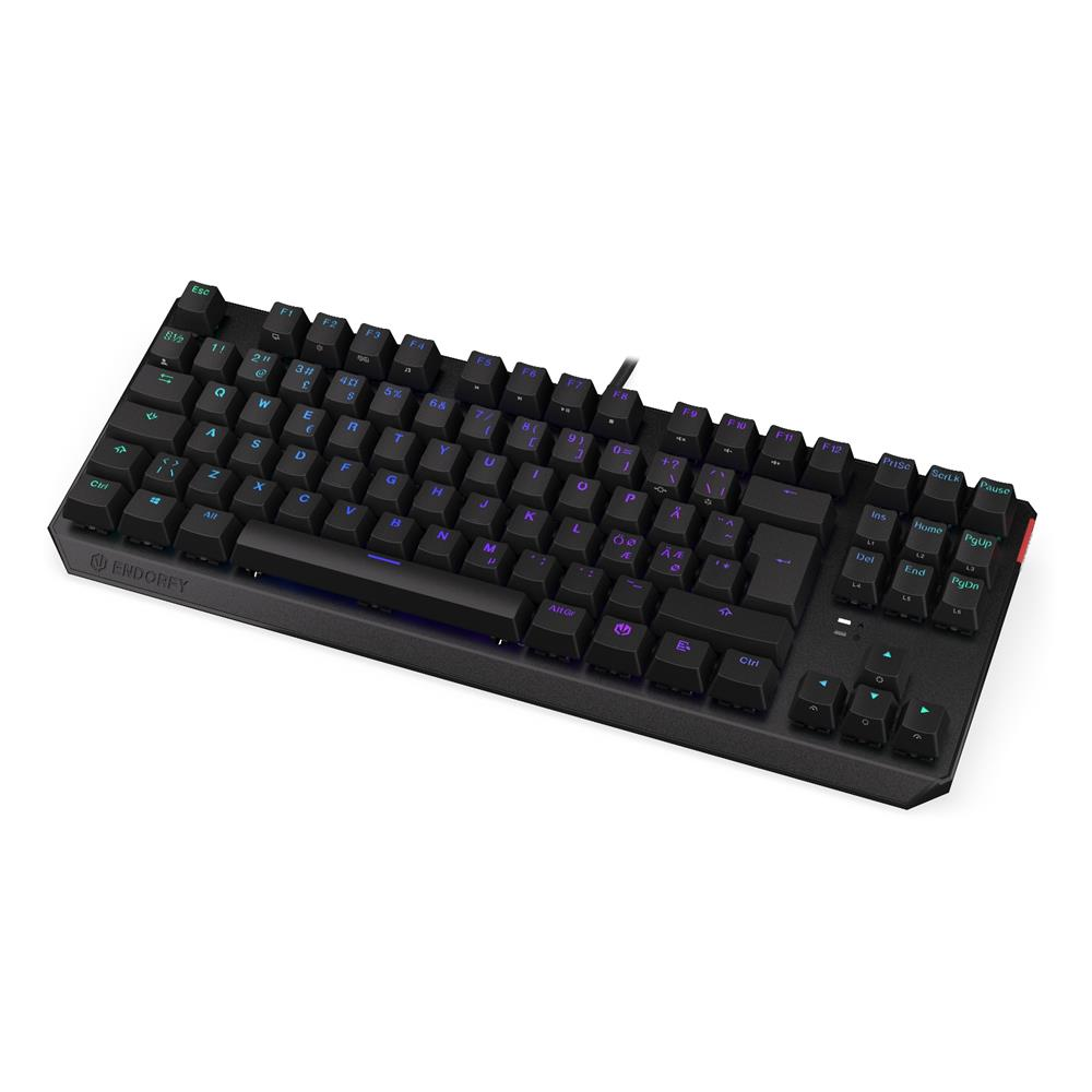 Eine schwarze mechanische Tastatur mit LED-Beleuchtung auf weißem Hintergrund.