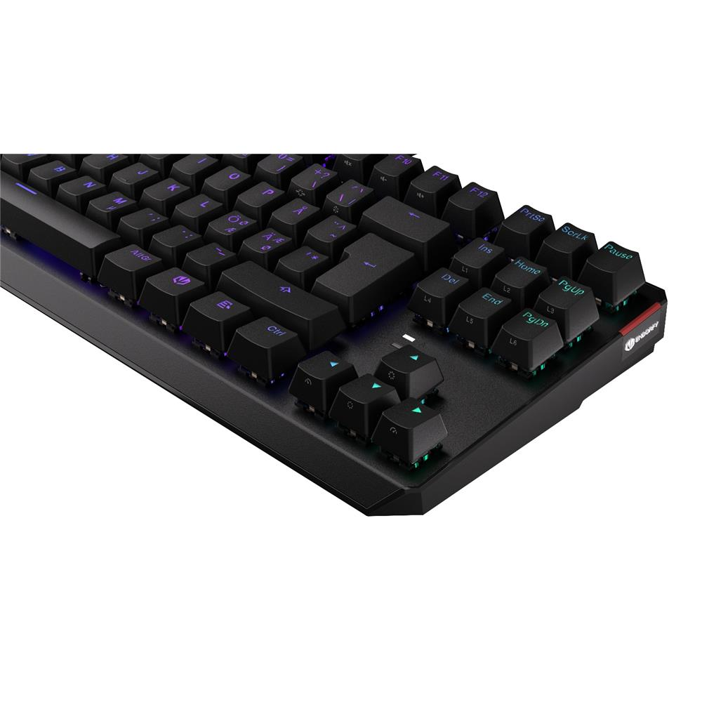 Eine schwarze mechanische Tastatur mit LED-Beleuchtung und Blick auf die rechte Seite mit Funktionstasten.