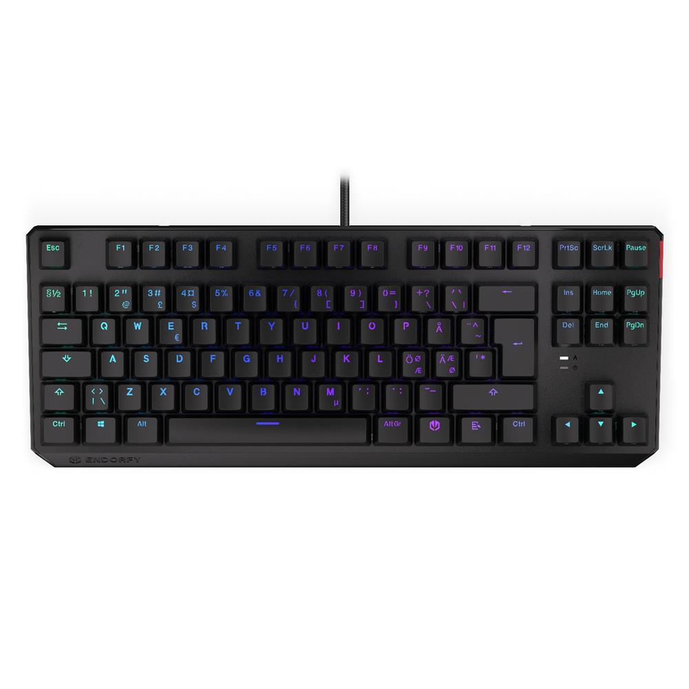 Eine kompakte schwarze mechanische Tastatur ohne Nummernblock liegt vor weißem Hintergrund.