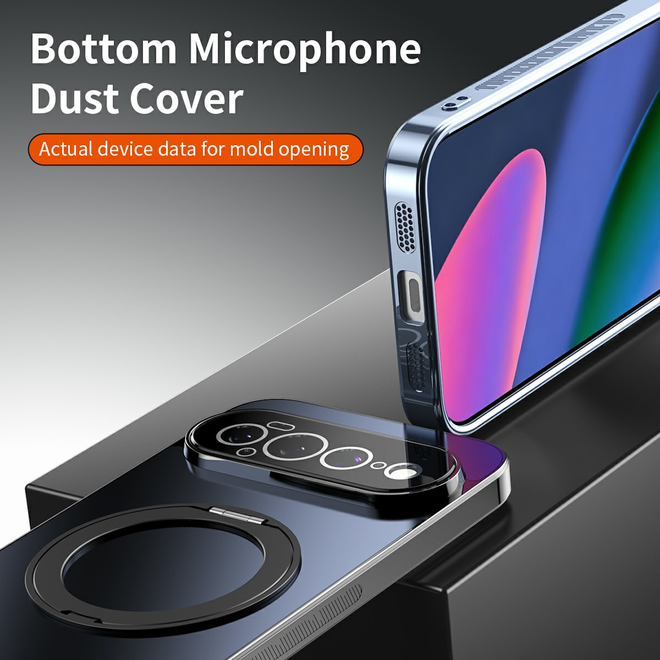 Staubsuchschutz für Smartphone-Mikrofon unten auf dunkler Oberfläche, zeigt präzises Design.