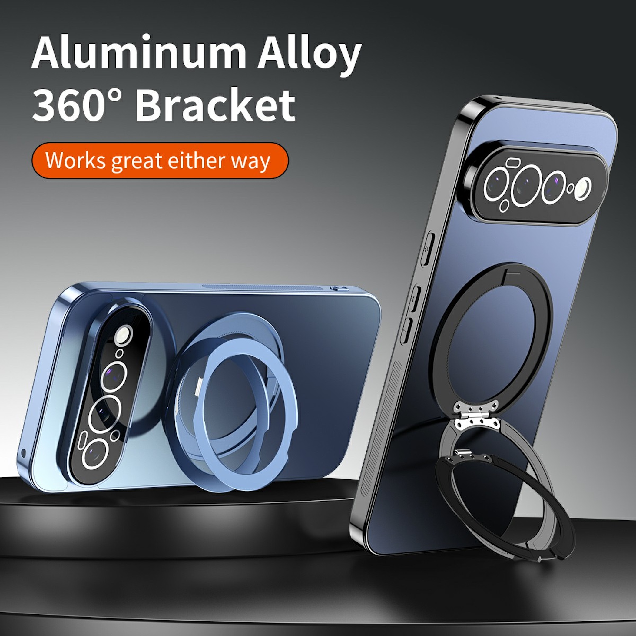 Blaue Smartphone-Hülle mit integriertem, klappbarem Metallständer auf schwarzem Tisch.