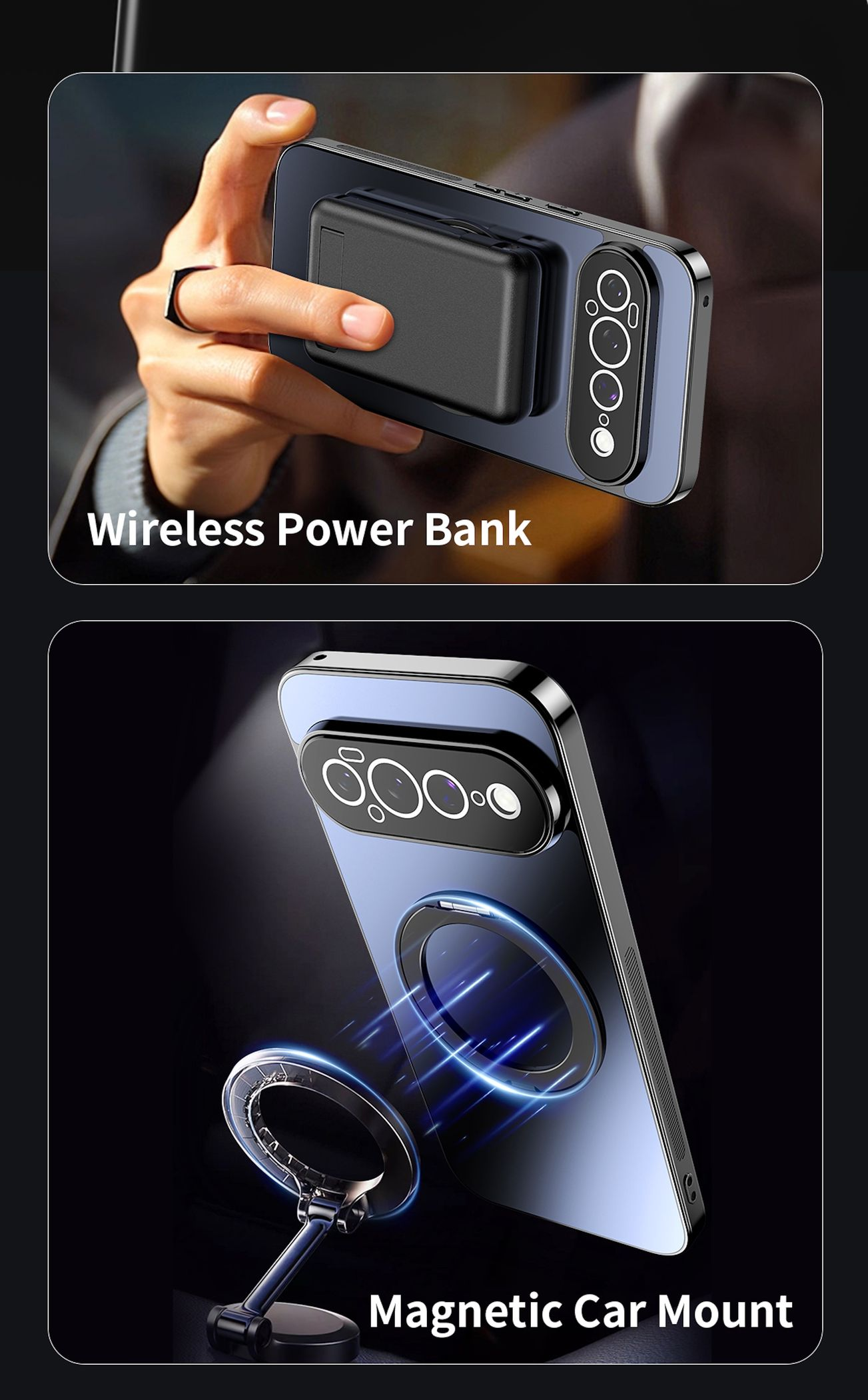 Handy mit drahtloser Powerbank oben und magnetischer Autohalterung unten.
