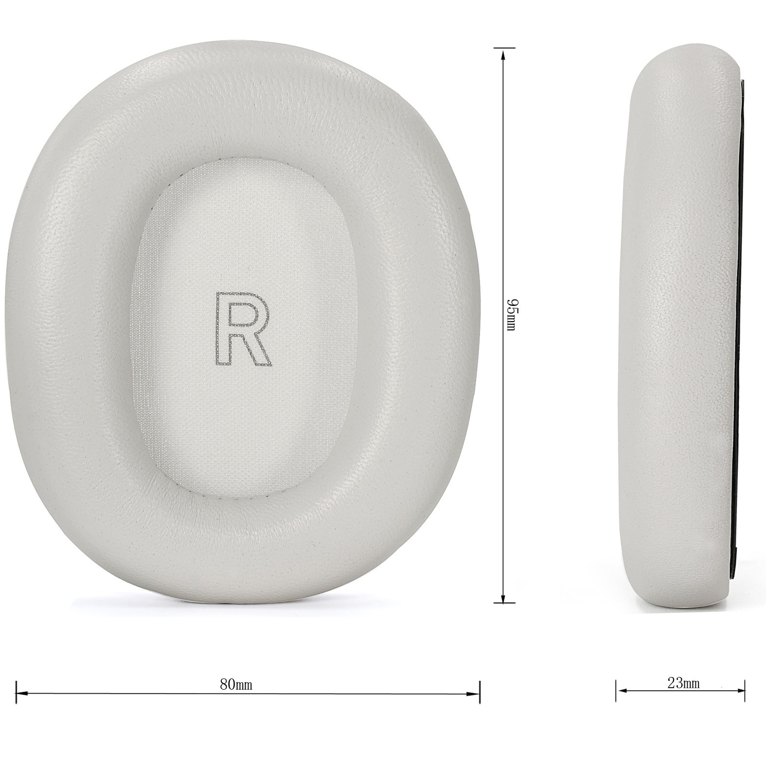 Graues Ersatz-Ohrpolster für Kopfhörer mit Maßen 95mm mal 80mm mal 23mm und einem R-Symbol.