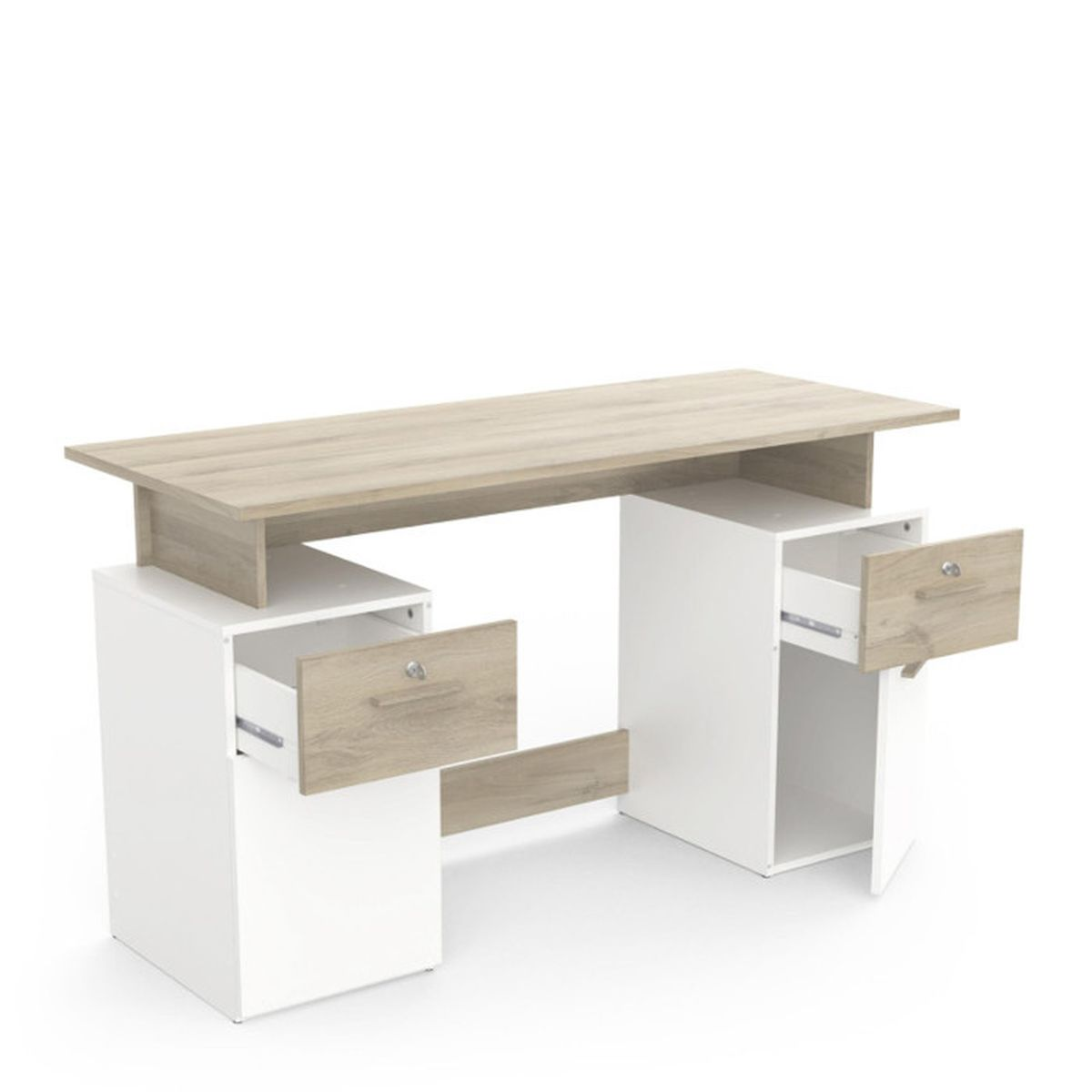 Ein Holzschreibtisch mit heller Holzplatte, weißen Schränken und zwei offenen Schubladen auf weißem Grund.