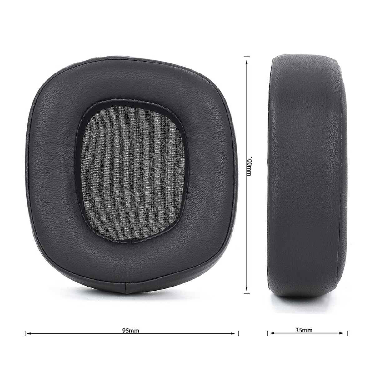 Schwarze Ohrpolster mit Abmessungen von 100mm Höhe, 95mm Breite und 35mm Dicke.