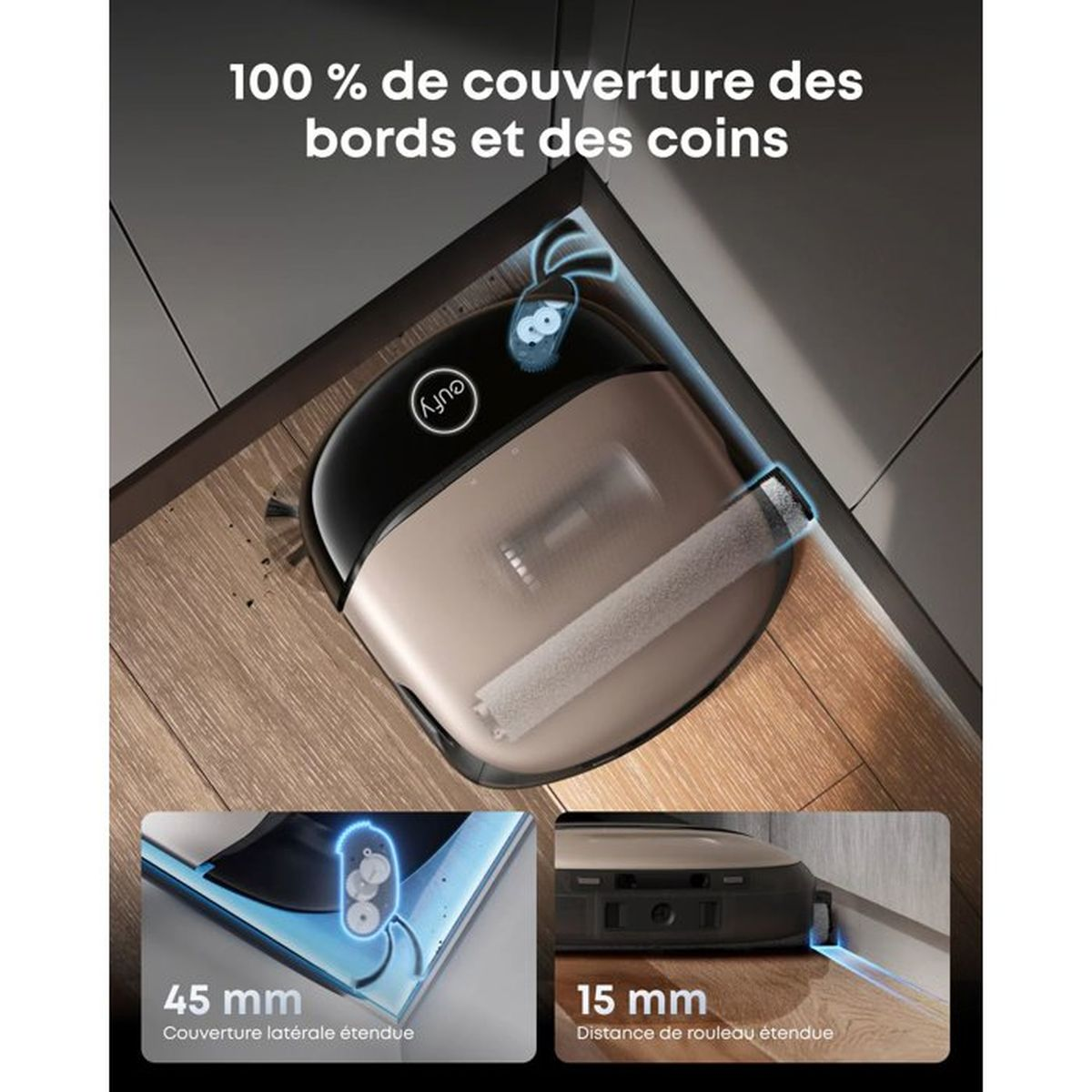 Roboterstaubsauger in einer Ecke mit Text und Insets, die die Kantenreinigung zeigen.