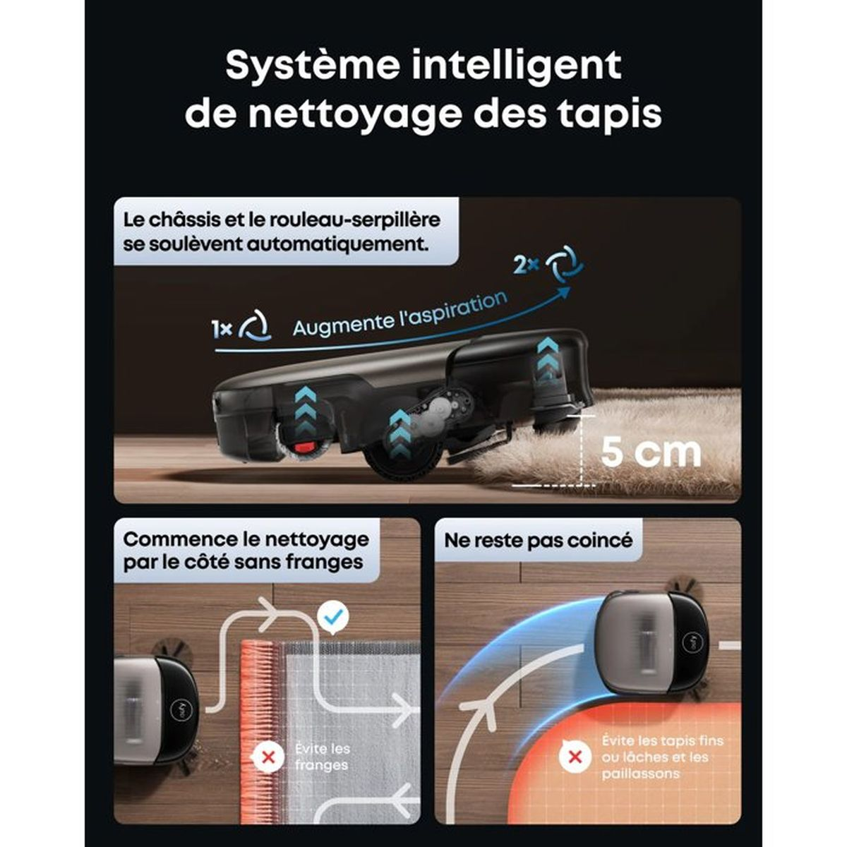 Diagramm zum intelligenten Teppichreinigen mit Roboterstaubsauger, der sich 5 cm hebt und Fransen vermeidet.